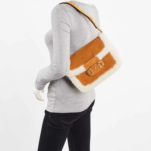 Gucci Light Brown Suede and Shearling Horsebit 1955 Small Bag - Picture 2 of 11